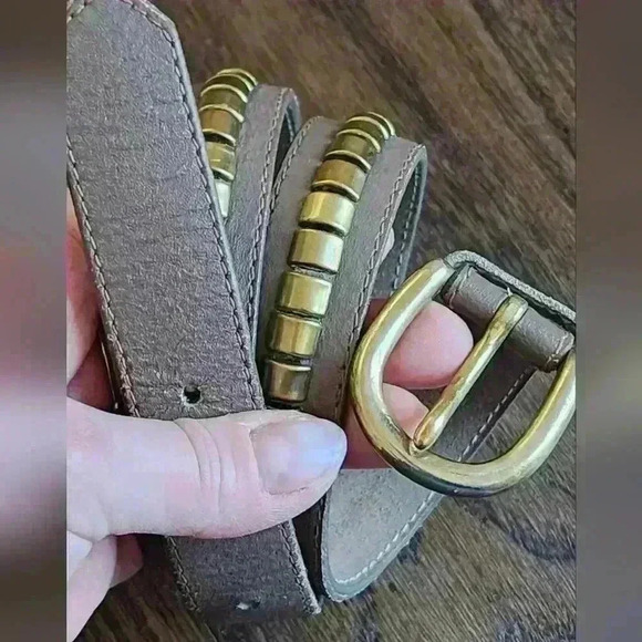 Solid brass & leather 34" belt Accessories - Genuin  Leather And Brass 34" Belt Taupe